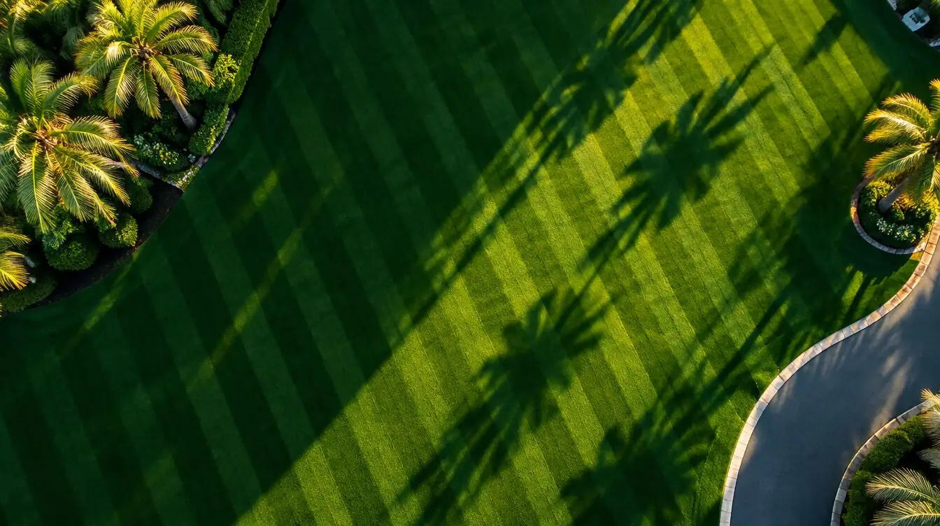 Aerial view of a perfectly striped green lawn with palm shadows