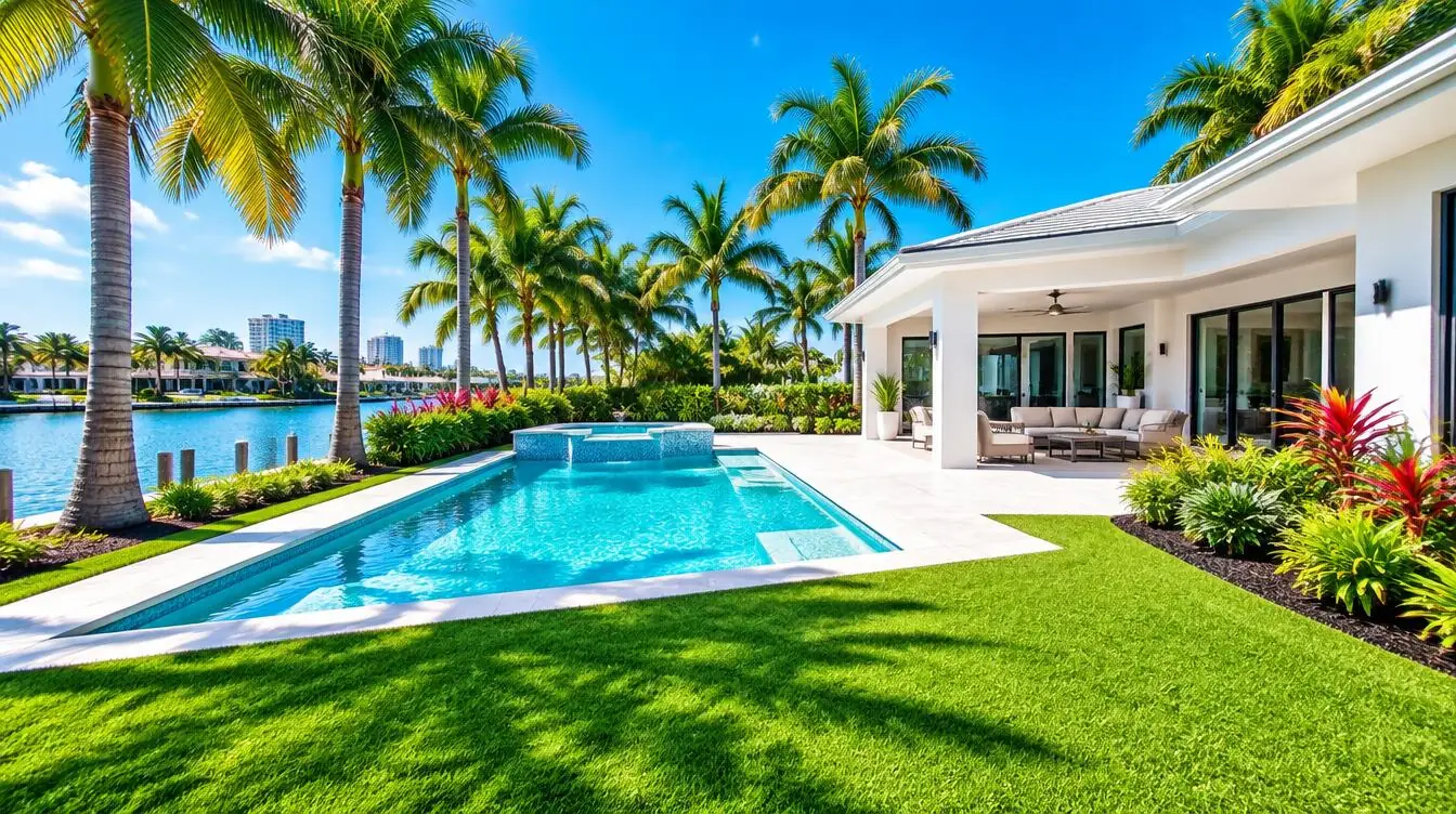 Spotless tropical backyard with trimmed palms and a pool