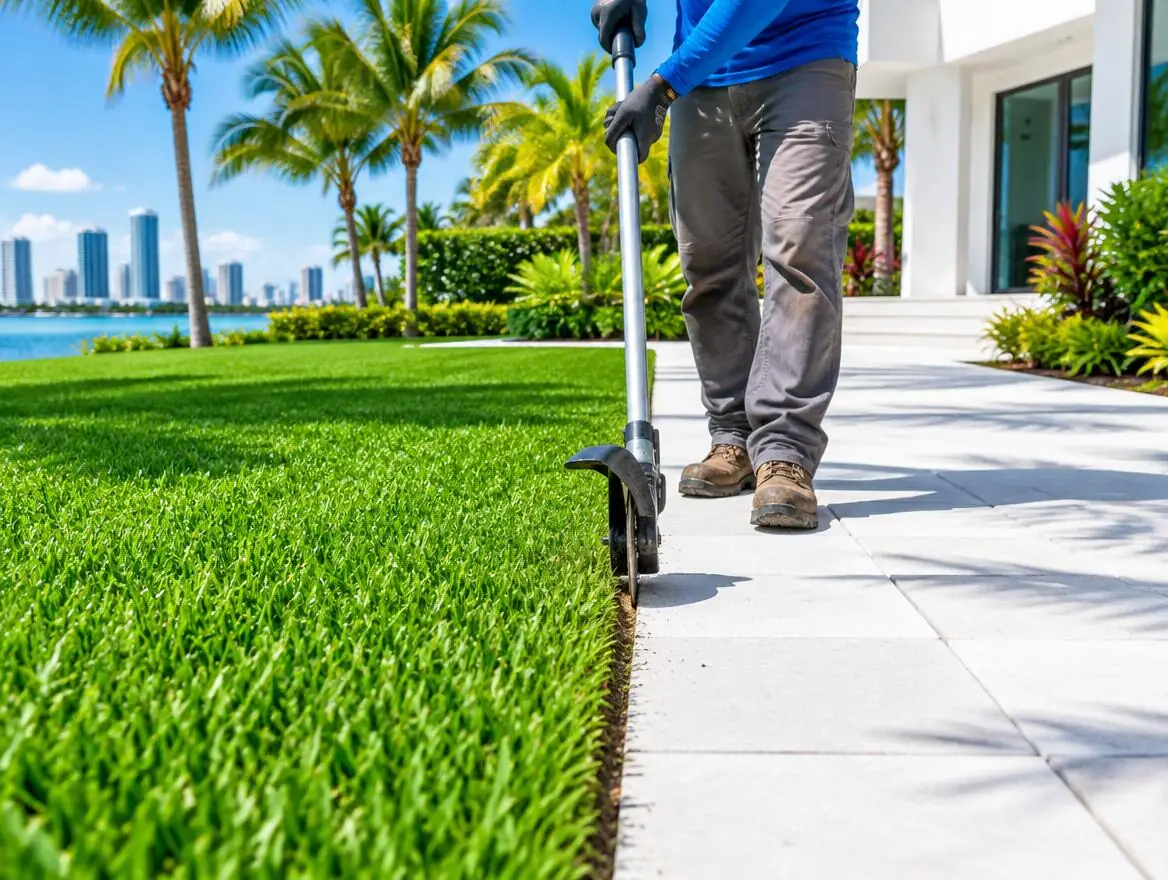 Landscaper edging a crisp line between lawn and white pavers