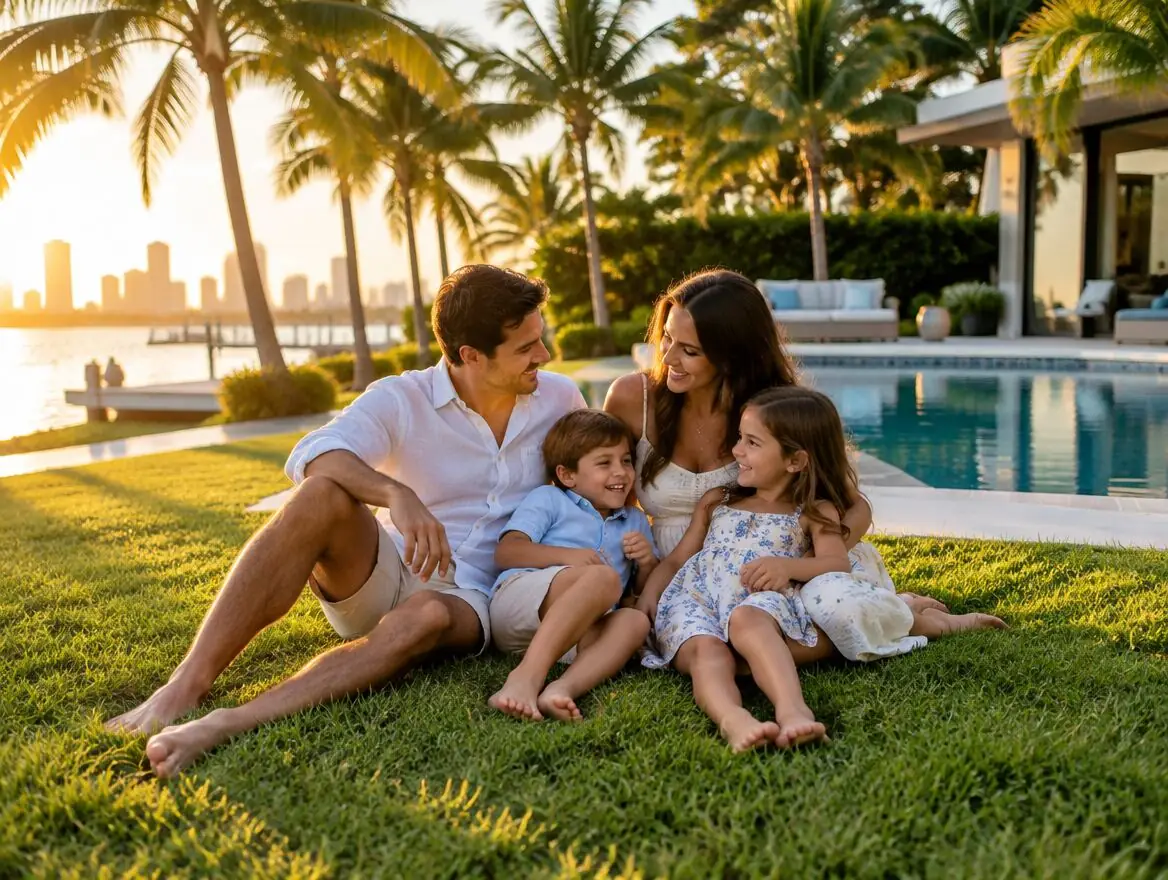 Family relaxing barefoot on a lush lawn by the pool at sunset in Miami