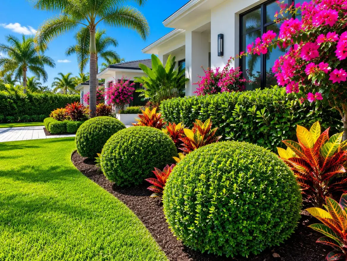 Round sculpted hedges, crotons and bougainvillea over fresh mulch