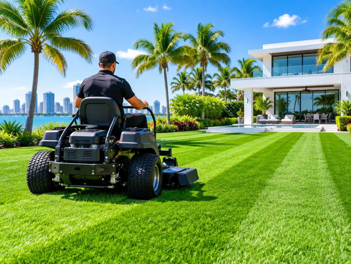 Landscaper on a zero-turn mower striping a bright green lawn by the bay